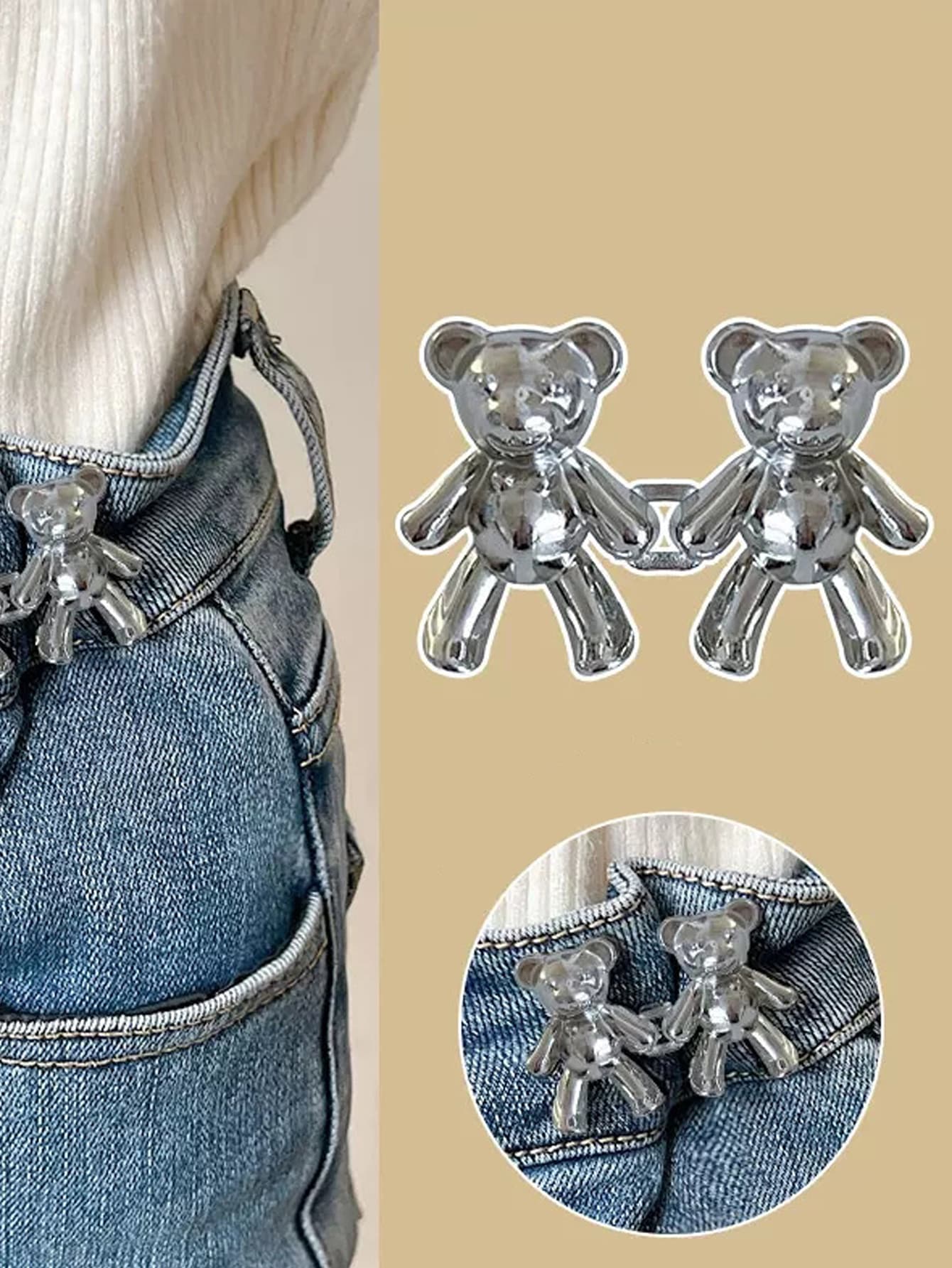 1pc Bear Design Jeans Button, Silver Cartoon Metal Waist Button For Pants - Silver - View 1