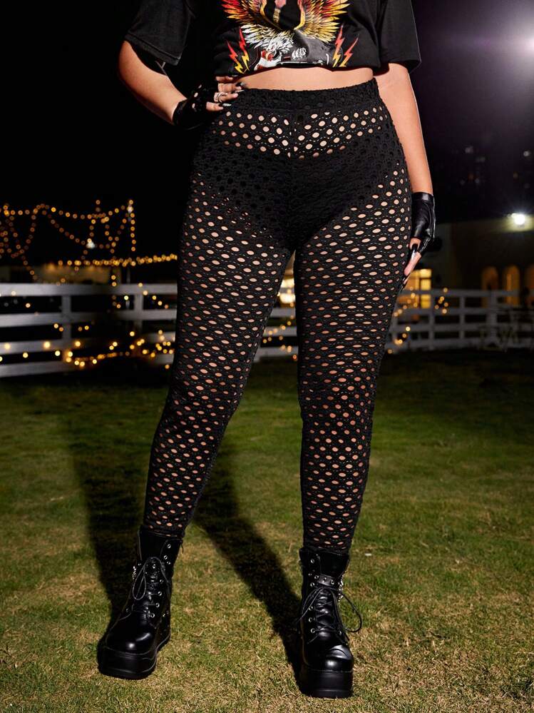 ROMWE PUNK Leggings de malla con recortes sin braga para verano de talla grande - Negro - Añade 3