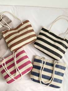Túi rơm có hoa văn sọc đôi Túi đi biển cho kỳ nghỉ - Màu Hồng Tươi - Xem 1