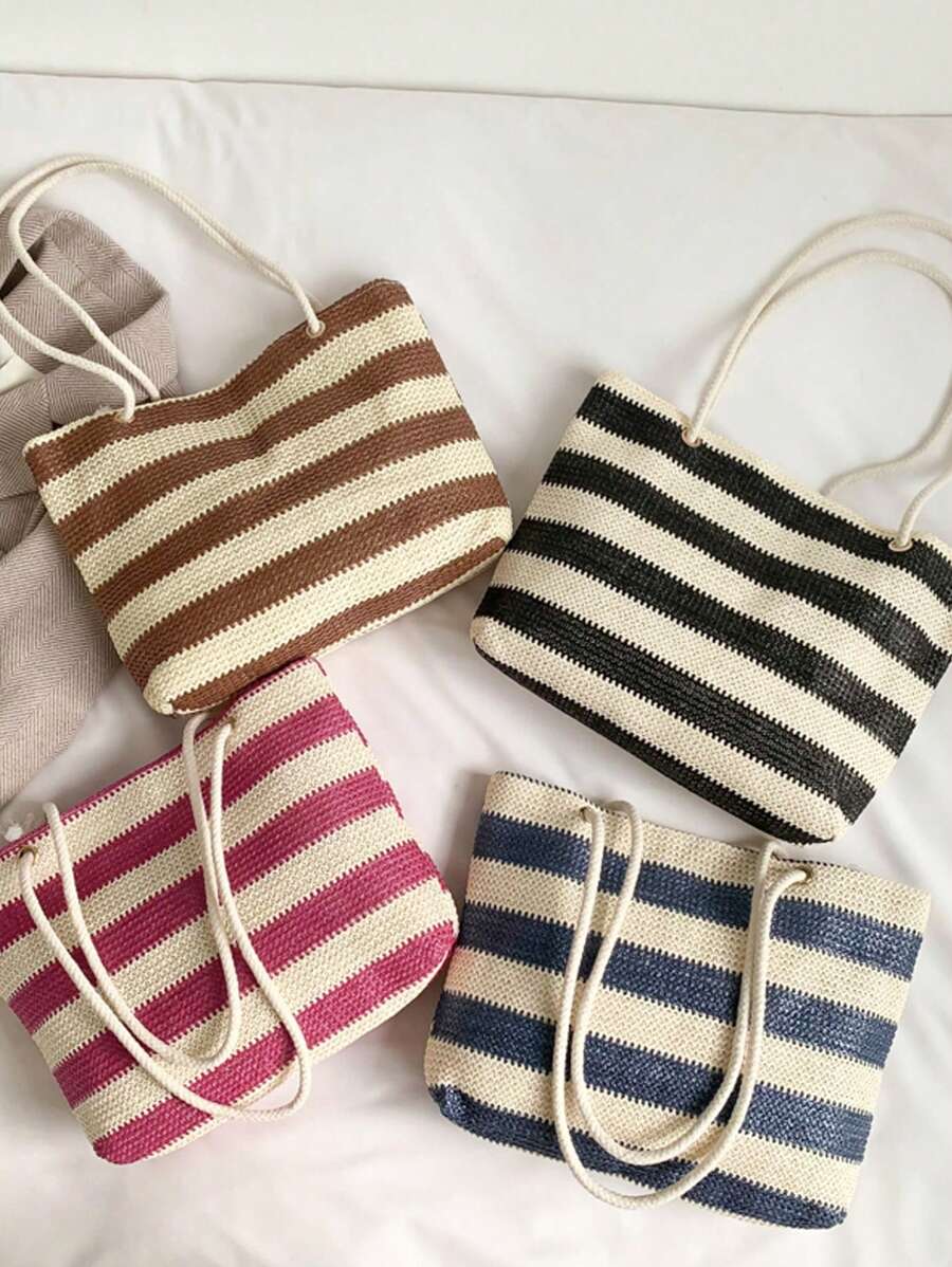 Túi rơm có hoa văn sọc đôi Túi đi biển cho kỳ nghỉ - Màu Hồng Tươi - Xem 1