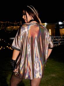 ROMWE PUNK 大碼鐳射落肩袖金屬質感T恤不附腰帶