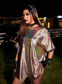 ROMWE PUNK 大碼鐳射落肩袖金屬質感T恤不附腰帶