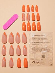 Elevate Your Style with 24pcs Long Almond Orange Leaves Flowers Pattern Fake Nail & 1pc Nail File & 1sheet Nail Tape - Multicolor - View 2