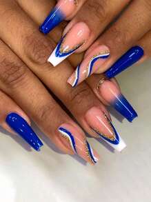 Eleva tu estilo con 24 piezas de polvo de brillo de línea de degradado azul de ataúd largo y 1 lima de uñas y 1 hoja de cinta para uñas - Multicolor - Ver 1