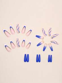 Eleva tu estilo con 24 piezas de polvo de brillo de línea de degradado azul de ataúd largo y 1 lima de uñas y 1 hoja de cinta para uñas - Multicolor - Ver 3