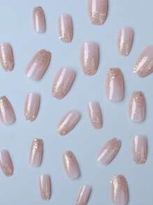 Trasforma Le Tue Unghie Con 24 Pezzi Di Unghie Finte A Forma Di Sarcofago Corto Glitterati E Paillettes & 1 Pezzo Di Lima Per Unghie E 1 Foglio Di Nastro Adesivo Per Unghie. Forniture Per Unghie - Rosa antico - Visualizzare 3