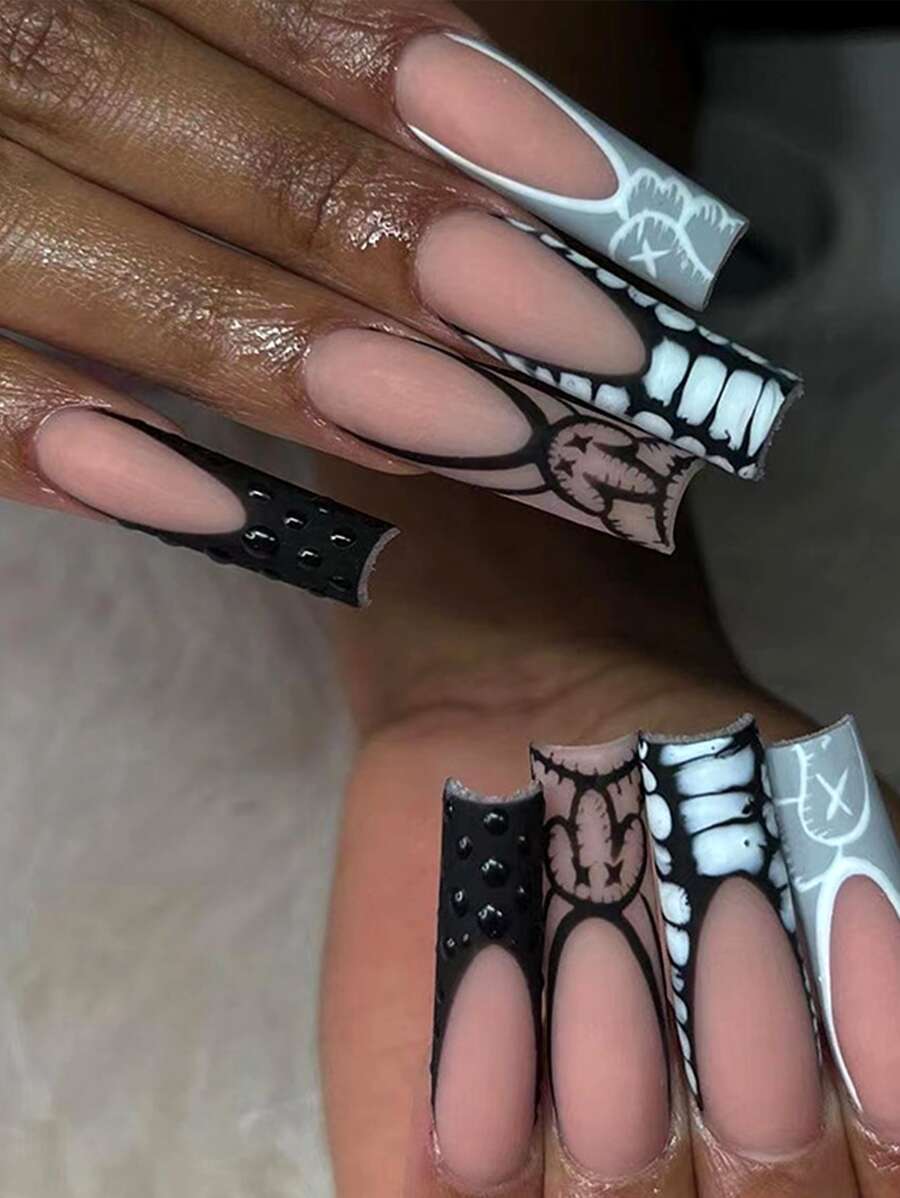 Transform Your Nails with 24pcs Long Coffin Fish Scale Graffiti Rhinestone Frosted French Style Pattern Fake Nail & 1pc Nail File & 1sheet Nail Tape - Multicolor - View 1