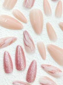 24片/套 中长杏仁形 时尚优雅金色闪粉人造指甲贴片，适合派对、舞会和日常佩戴 - 彩色 - 查看 5