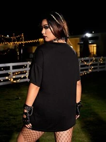 ROMWE PUNK 加大碼鷹印花空心前開t恤 - 黑色 - 查看 2