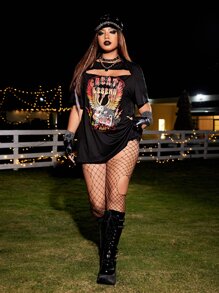 ROMWE PUNK 加大碼鷹印花空心前開t恤 - 黑色 - 查看 3