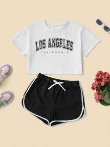 RueChic Girls Letter Graphic Tee & Contrast Binding Shorts - Black and White - View 1