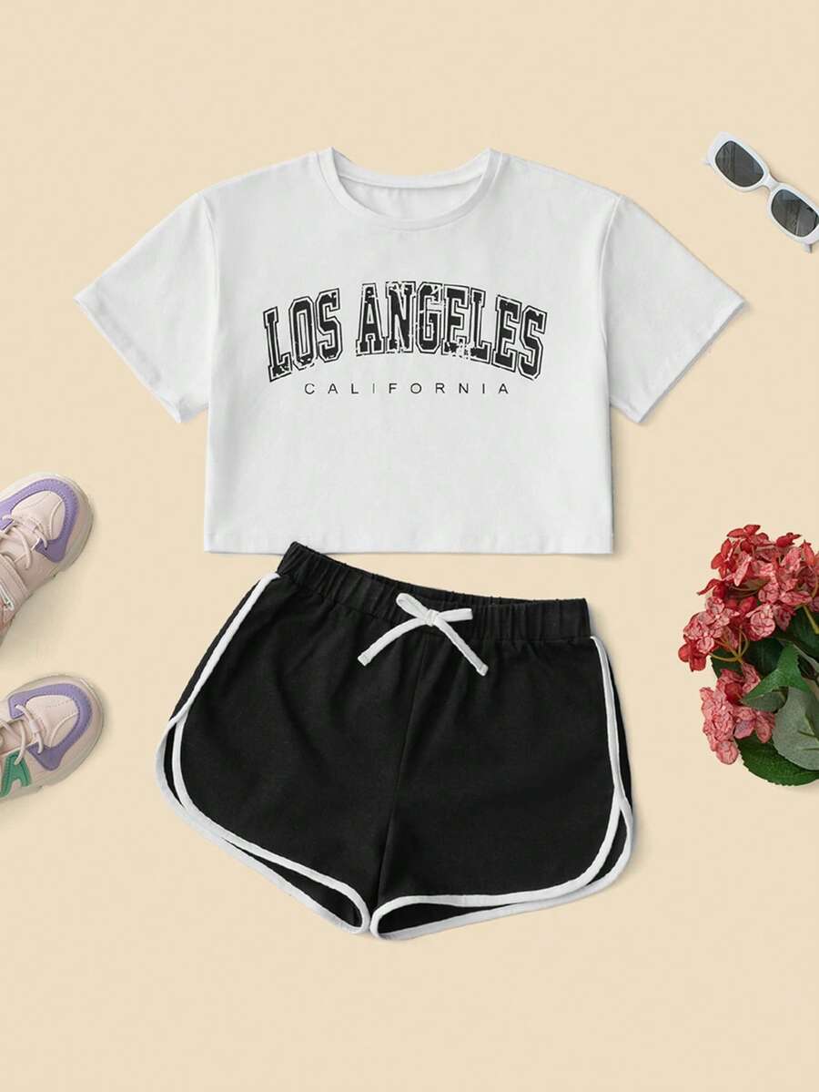 RueChic Girls Letter Graphic Tee & Contrast Binding Shorts - Black and White - View 1