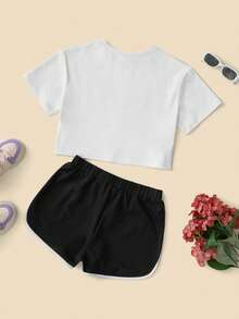 RueChic Girls Letter Graphic Tee & Contrast Binding Shorts - Black and White - View 2