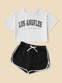 RueChic Girls Letter Graphic Tee & Contrast Binding Shorts - Black and White - View 3