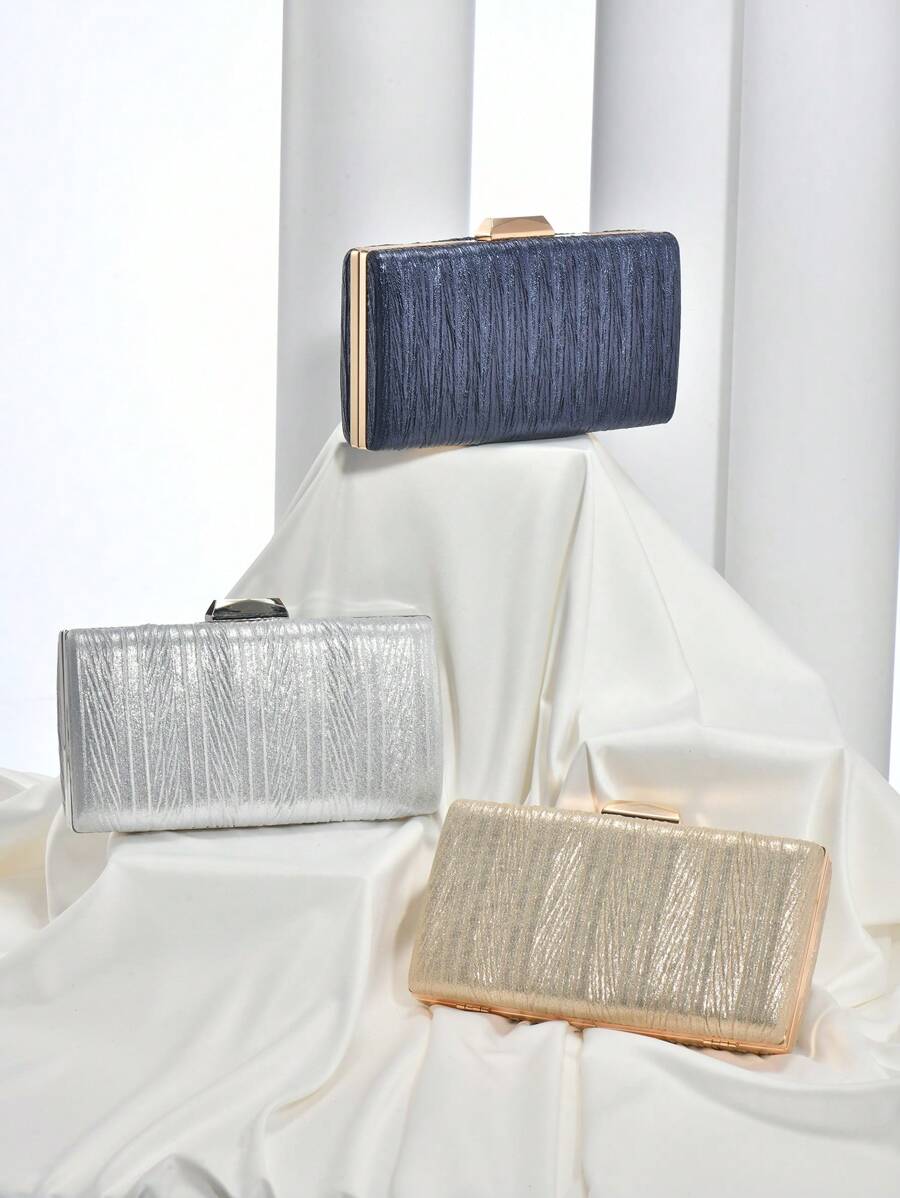 金屬亮絲極簡盒型包小抽褶細節,完美新娘錢包適合婚禮,舞會和派對活動 - 藏蓝色 - 查看 1
