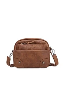 Studded Decor Dome Bag Small Zipper Vintage - Brown - View 5