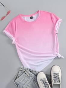 SHEIN Essnce Camiseta de mujer con cuello redondo en degradado y diseño gráfico - Rosa - Ver 1