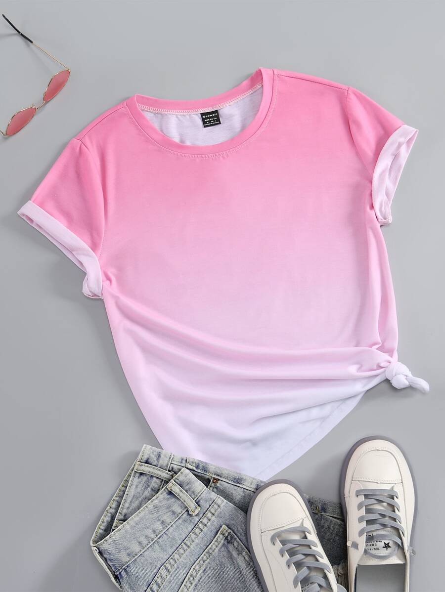 SHEIN Essnce Camiseta de mujer con cuello redondo en degradado y diseño gráfico - Rosa - Ver 1
