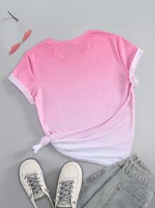 SHEIN Essnce Camiseta de mujer con cuello redondo en degradado y diseño gráfico - Rosa - Ver 2