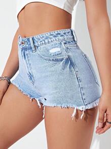 SHEIN EZwear Quần short denim nữ Túi Hem thô Dây kéo màu trơn - Rửa nhẹ - Xem 6