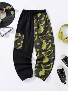 SHEIN 男孩迷彩印花翻蓋口袋工裝褲