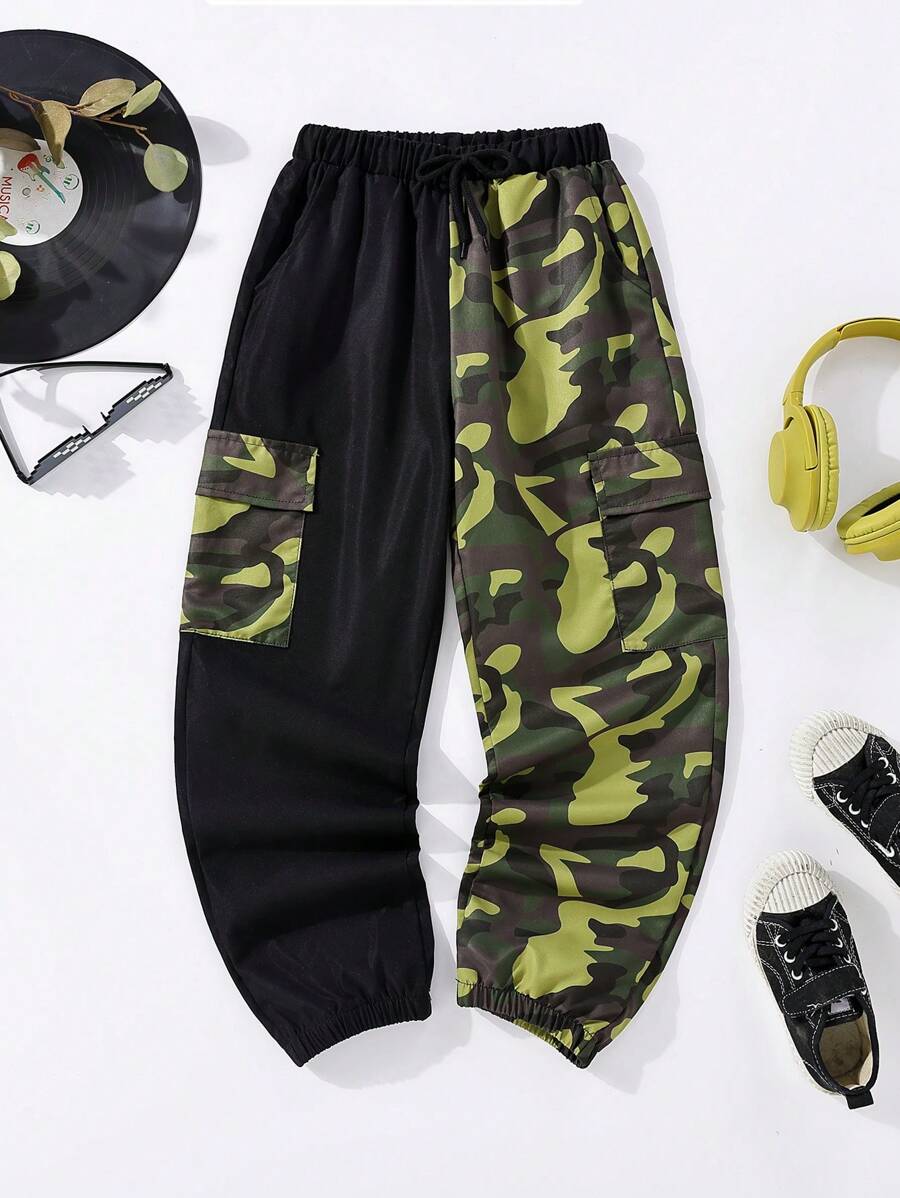 SHEIN 男孩迷彩印花翻蓋口袋工裝褲