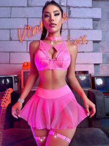 Đồ lót gợi cảm Nữ Tương phản Mesh Cắt ra Nhẫn màu trơn - Hồng - Xem 4