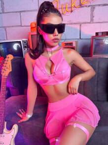 Đồ lót gợi cảm Nữ Tương phản Mesh Cắt ra Nhẫn màu trơn - Hồng - Xem 5