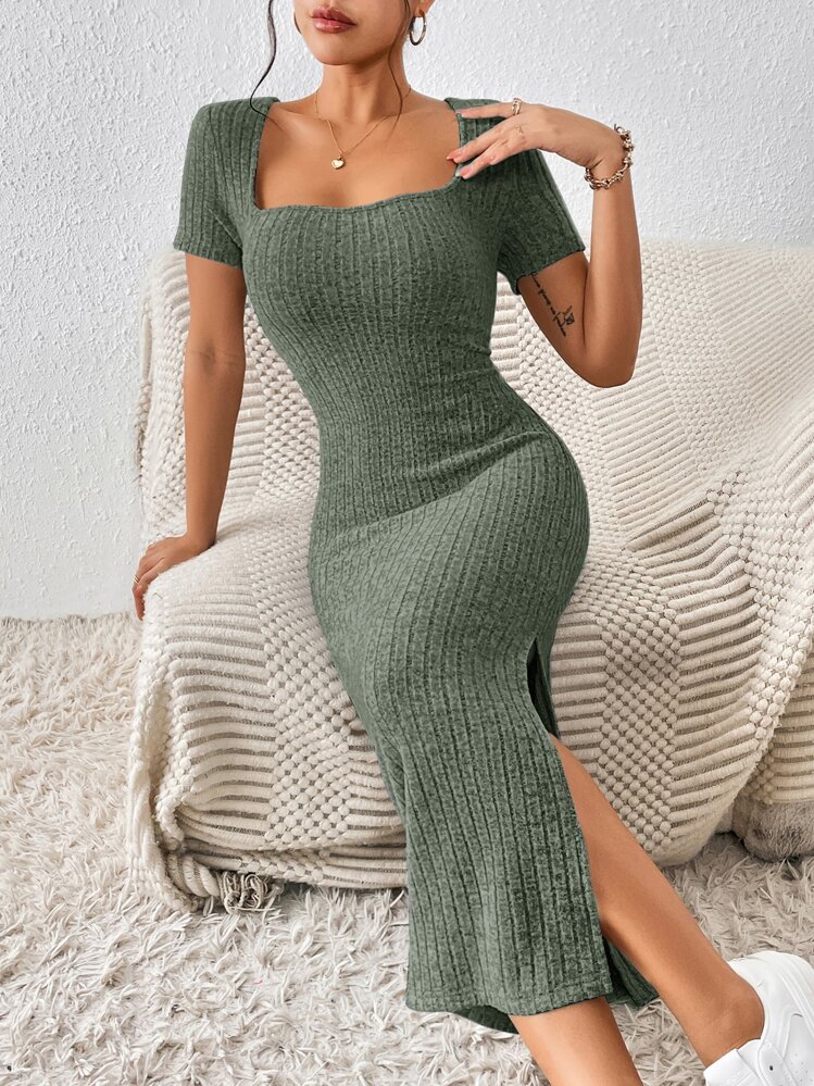 SHEIN Frenchy Vestido de verano de mujer con cuello cuadrado, corte ceñido, abertura alta y textura de tela - Verde - Añade 5