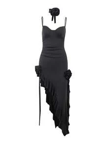 Ruffle Trim Asymmetrical Hem Cami Dress With Choker - Black - View 3