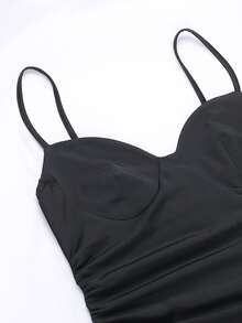 Ruffle Trim Asymmetrical Hem Cami Dress With Choker - Black - View 4