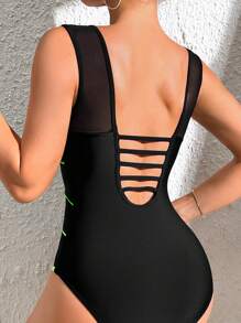 Swim SPRTY Traje de baño de una pieza con ribete de contraste para el verano - Negro - Ver 3