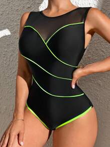 Swim SPRTY Traje de baño de una pieza con ribete de contraste para el verano - Negro - Ver 1