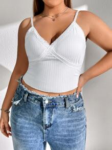 SHEIN EZwear 大碼素色蕾絲邊吊帶上衣 - 白色 - 查看 1