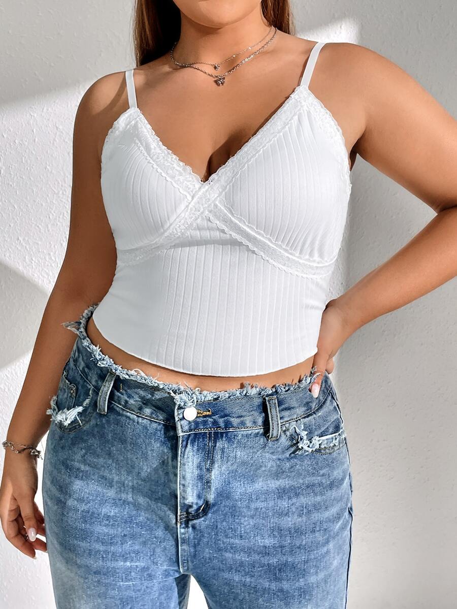 SHEIN EZwear 大碼素色蕾絲邊吊帶上衣 - 白色 - 查看 1