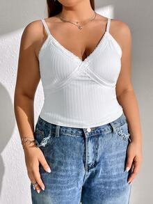 SHEIN EZwear 大碼素色蕾絲邊吊帶上衣 - 白色 - 查看 3