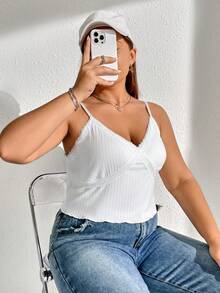 SHEIN EZwear 大碼素色蕾絲邊吊帶上衣 - 白色 - 查看 5