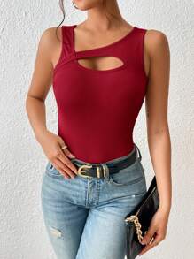 SHEIN BAE Áo khoác và áo lót dành cho xe tăng nữ Bất đối xứng Cắt ra Gân đan màu trơn Giải trí - Đỏ - Xem 1