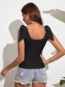 SHEIN VCAY Tie Shoulder Scoop Neck Tank Top - Black - View 2