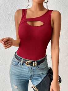 SHEIN BAE Áo khoác và áo lót dành cho xe tăng nữ Bất đối xứng Cắt ra Gân đan màu trơn Giải trí - Đỏ - Xem 5