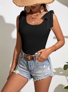 SHEIN VCAY Tie Shoulder Scoop Neck Tank Top - Black - View 4