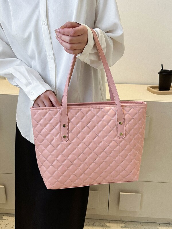 Quilted Pattern Shoulder Tote Bag Pink SHEIN USA