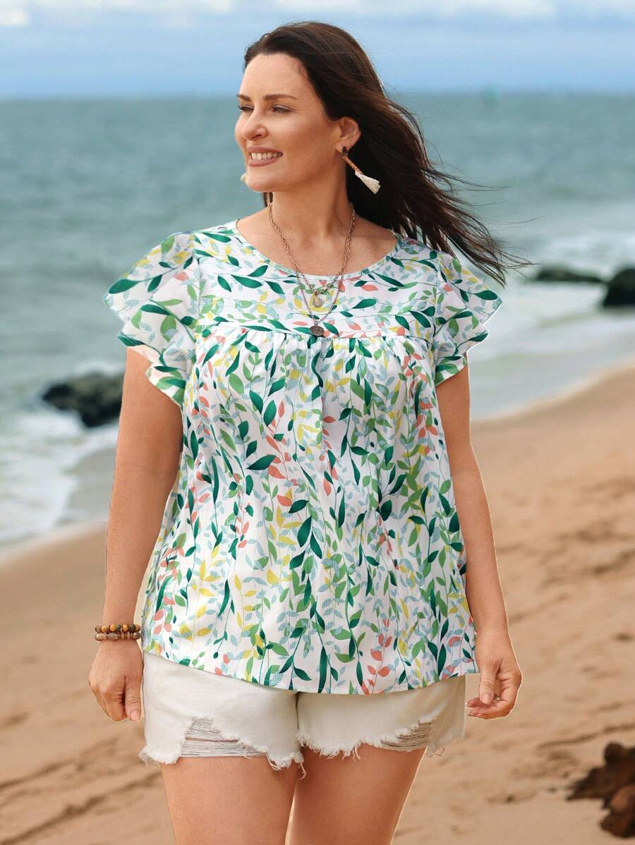 EMERY ROSE Áo sơ mi Plus Size Xù Thực vật Tất cả trên in Boho - Nhiều màu - Xem 1