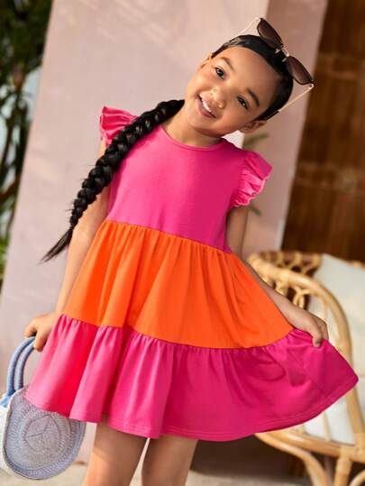 SHEIN Toddler Girls Colourblock Ruffle Trim Smock Dress
