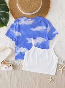 SHEIN Tops con gái Xù nhỏ Cà vạt nhuộm Giải trí - Xanh và trắng - Xem 2