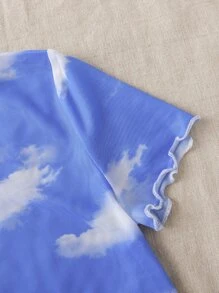 SHEIN Tops con gái Xù nhỏ Cà vạt nhuộm Giải trí - Xanh và trắng - Xem 3