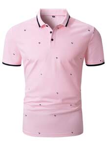 Manfinity Homme Áo thun có cổ Nam Tương phản ràng buộc Nút phía trước Lá thư Giải trí - Hồng - Xem 3