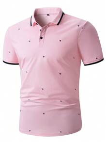 Manfinity Homme Áo thun có cổ Nam Tương phản ràng buộc Nút phía trước Lá thư Giải trí - Hồng - Xem 4