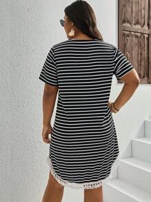 SHEIN LUNE Plus Striped Print Fringe Trim Tee Dress - Black - View 2