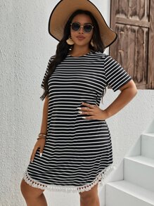 SHEIN LUNE Plus Striped Print Fringe Trim Tee Dress - Black - View 6